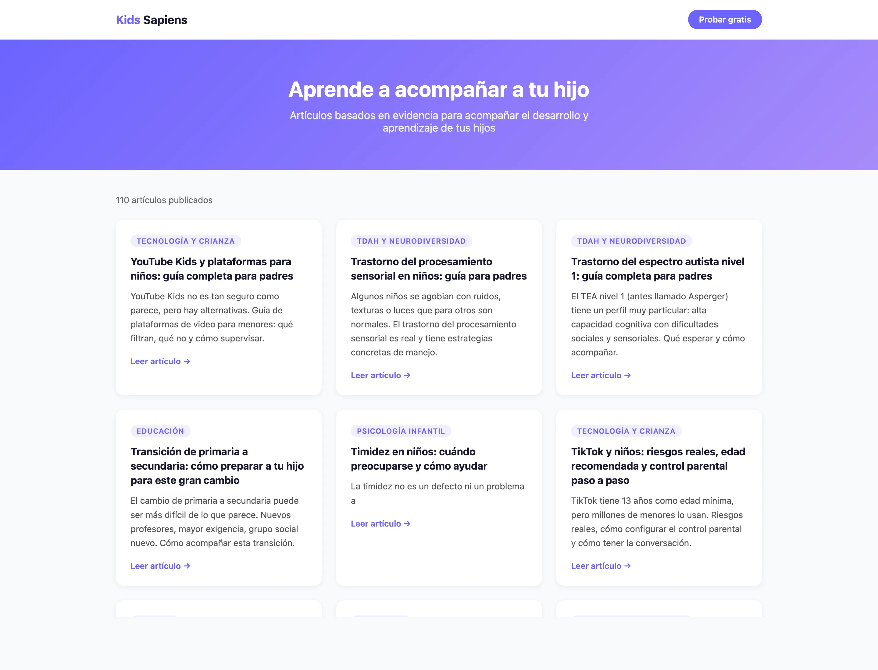 Portada del blog de Kids Sapiens con más de 100 artículos
