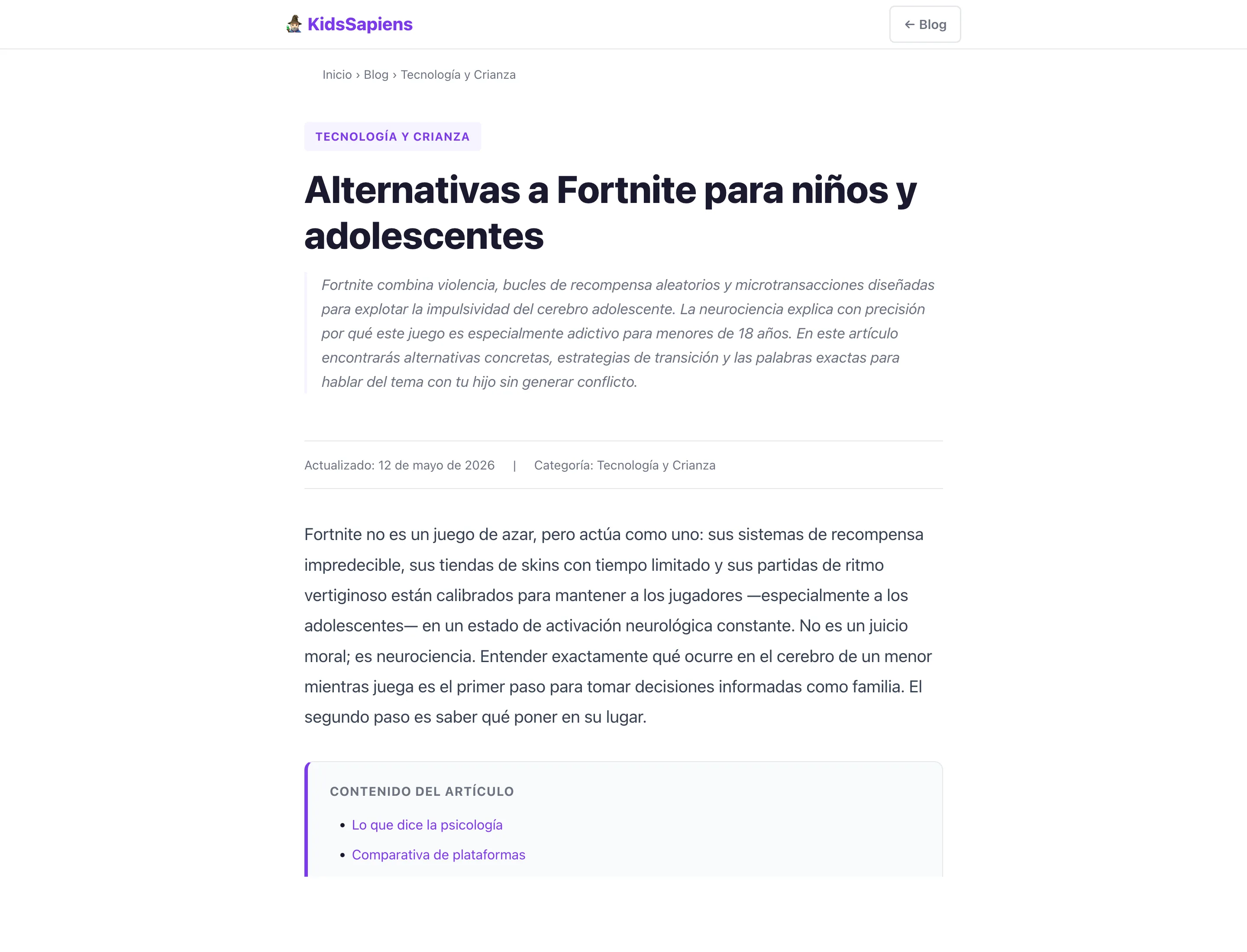 Artículo de Kids Sapiens sobre alternativas a Fortnite
